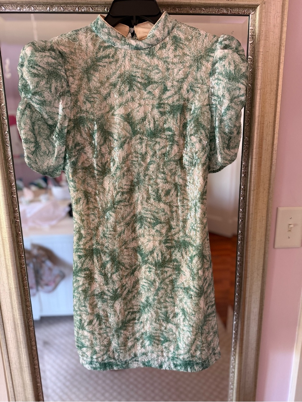 Green and Cream Puff Sleeve Mini Dress